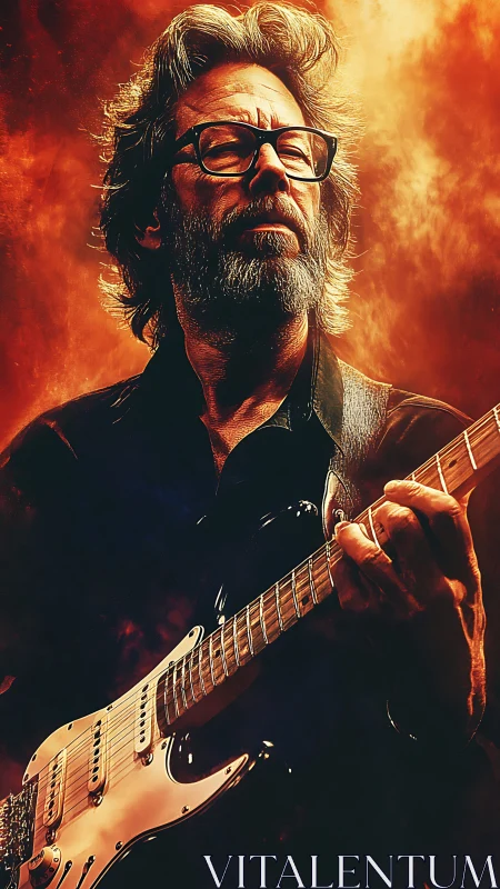 Electric guitarist glows against fiery, dramatic backdrop.