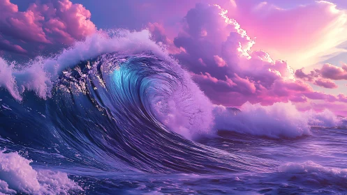 Ocean wave under magenta sky with illuminated clouds.