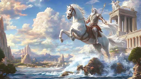 Storm-riding sea god on a luminous white warhorse.