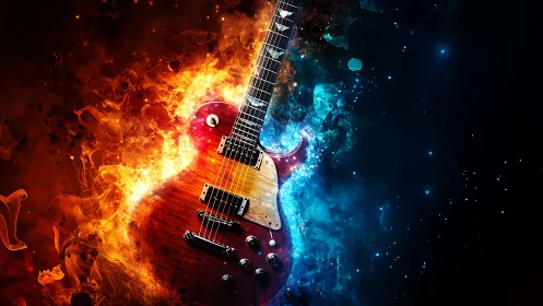 Electric guitar with contrasting fire and ice abstract backdrop.