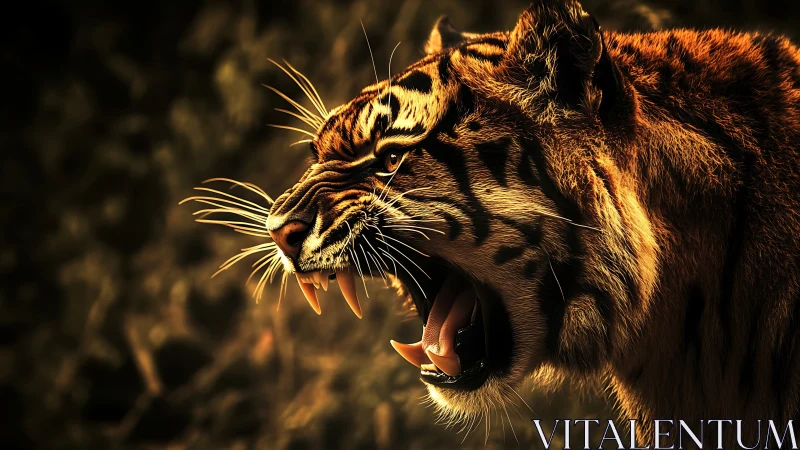 Roaring tiger head in dramatic warm side lighting detail.