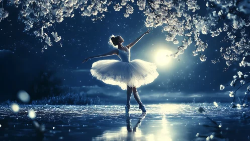 Moonlit ballerina dances beneath glowing cherry blossoms