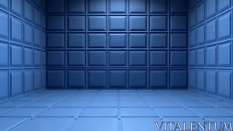 Blue padded geometric room with repeating square panels.