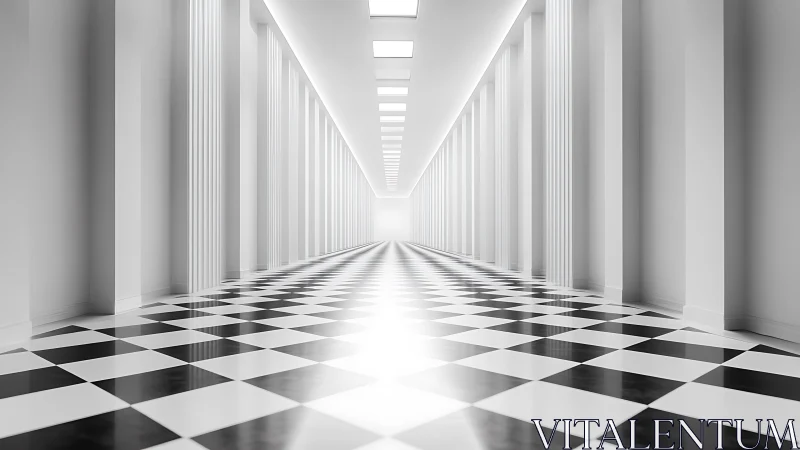 Monochrome corridor with columns and checkered floor.