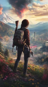 Lone survivor overlooks ruined valley under burning sky.