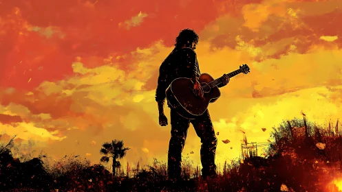 Lone sunset guitarist soaking the horizon in burning chords.