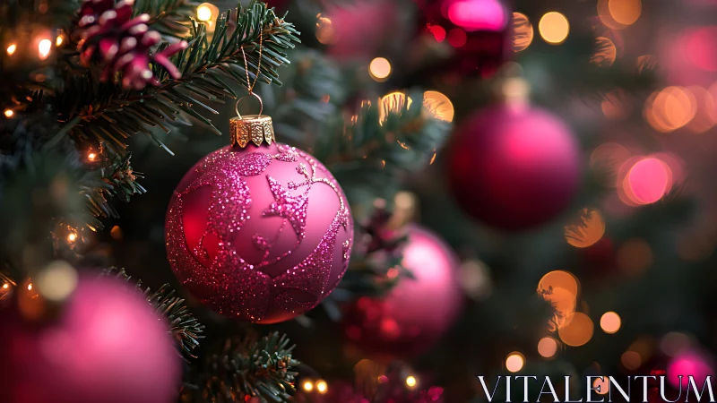 Pink glass bauble glows on evergreen branch with warm lights