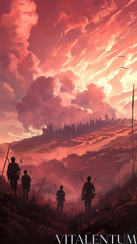 Warriors advancing toward citadel under flaming skies.