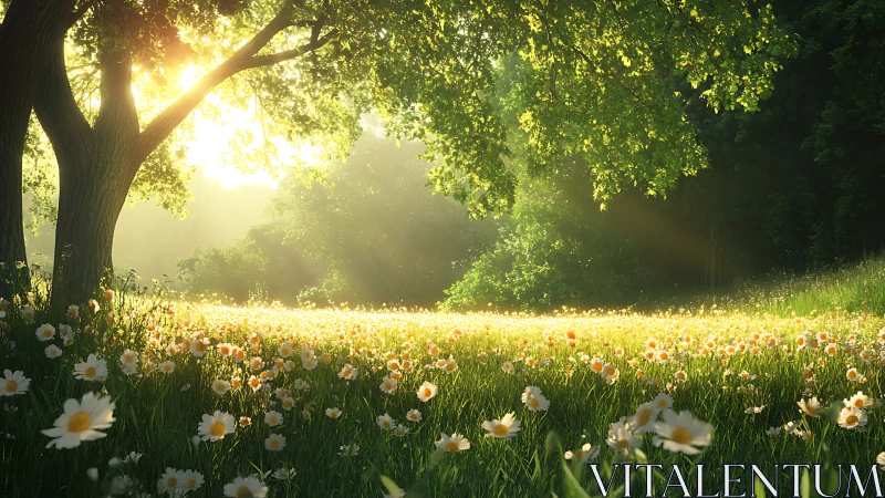 Sunlight filters over daisies in a gently sloping meadow