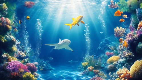 Sunlit coral kingdom with friendly sharks and bright fish.