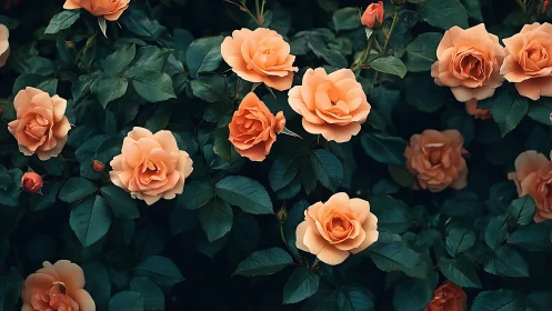 Layered Coral Roses with Teal Foliage Matrix.