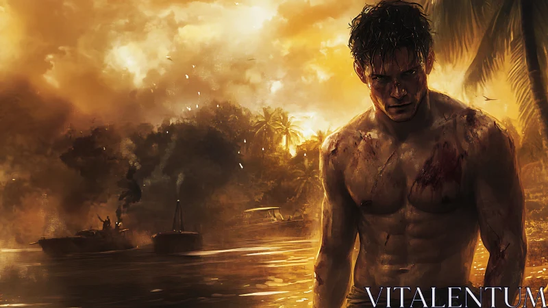 Battle-scarred warrior on burning jungle river at dusk.