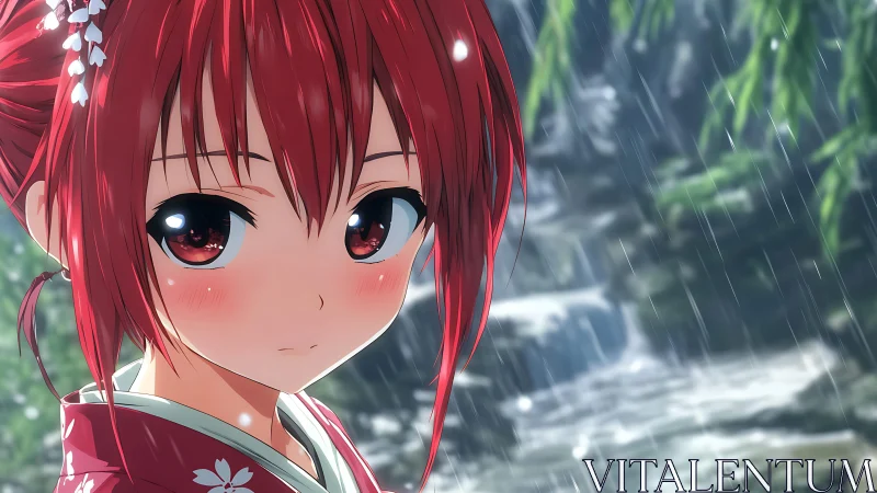 Scarlet kimono girl listening to rainfall by forest stream.
