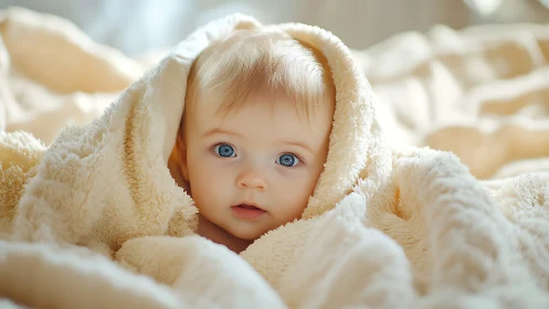 Wide-Eyed Wonder: Cherub Swaddled in Cream Cloud.