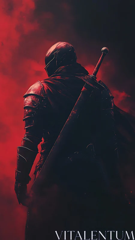Armored warrior with sword standing in red smoke.