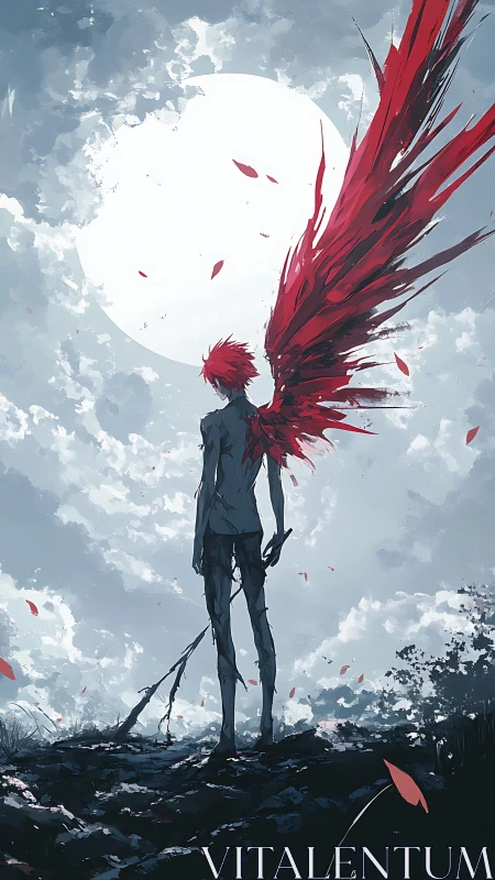 Red-winged figure stands beneath vast white moon sky