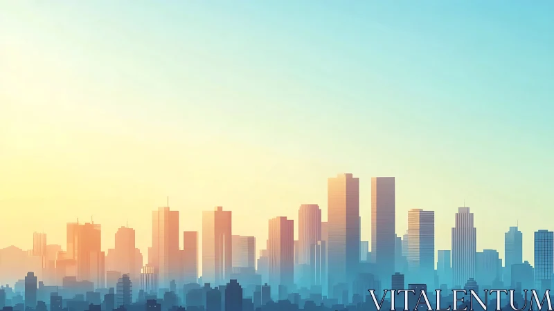 Sunlit city skyline shows layered skyscraper silhouettes