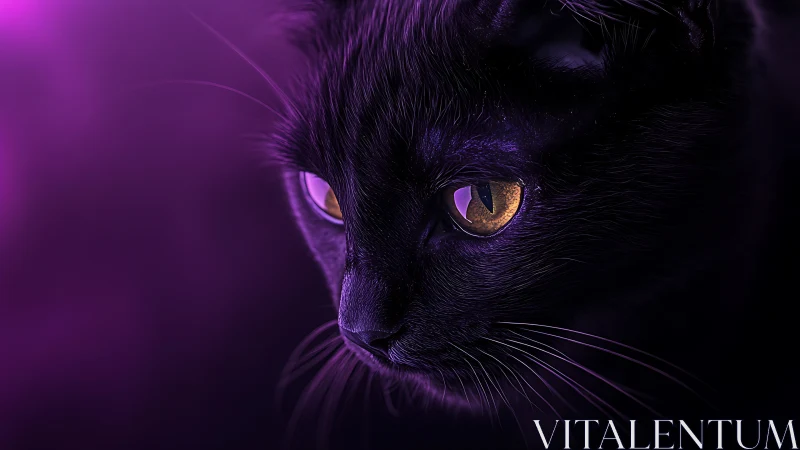 Black Cat's Glowing Gaze Pierces Purple Twilight Mist