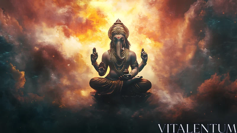 Divine elephant-headed deity statue in glowing cosmic clouds