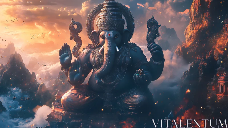 Colossal digital Ganesh deity rendered in cinematic dusk light