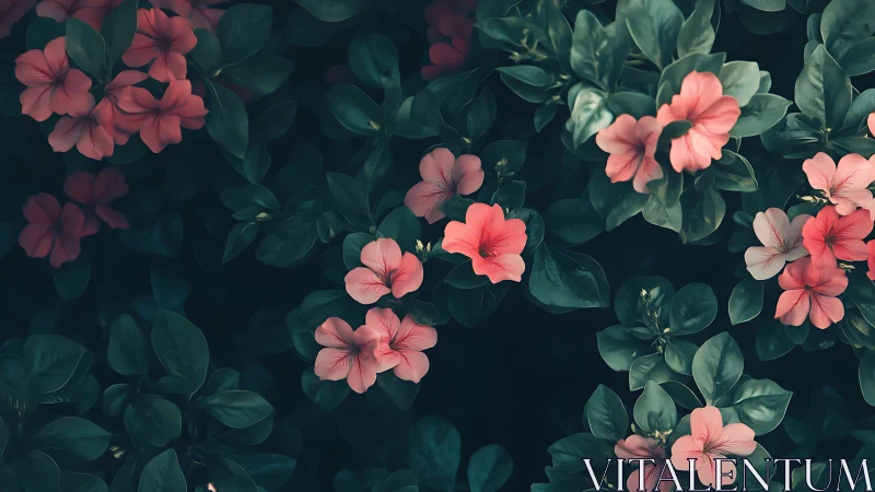 Coral Blossoms Cascading Against Verdant Foliage.