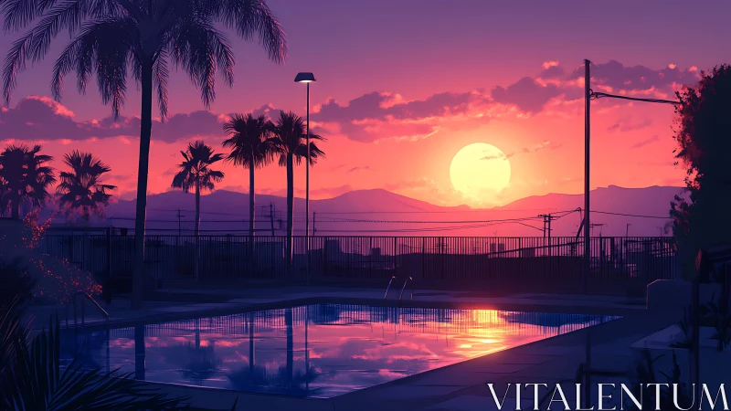 Neon sunset poolside dream with palm silhouettes and still water.