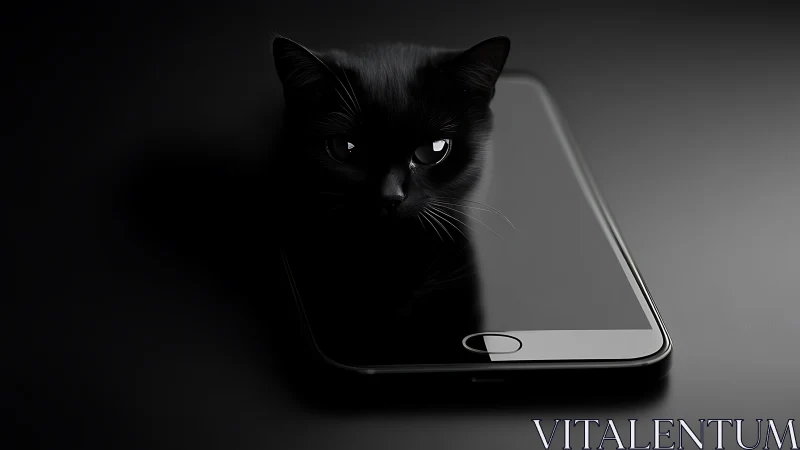 Black cat portrait emerging from smartphone display.