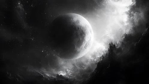 Dark monochrome planet in dramatic cosmic nebula sky