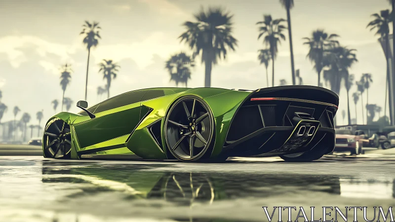Green low-profile supercar is parked on wet coastal street
