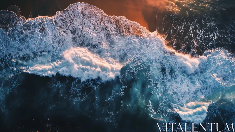 Golden sunset surf rolling gently onto a glowing shore.