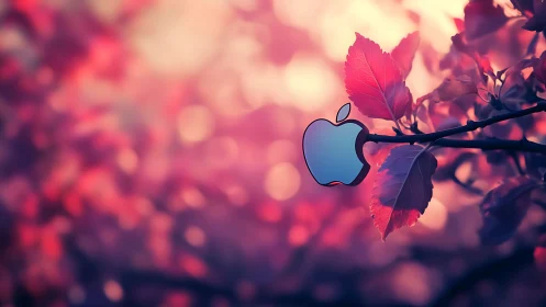 Glowing apple emblem resting in dreamy pink foliage.