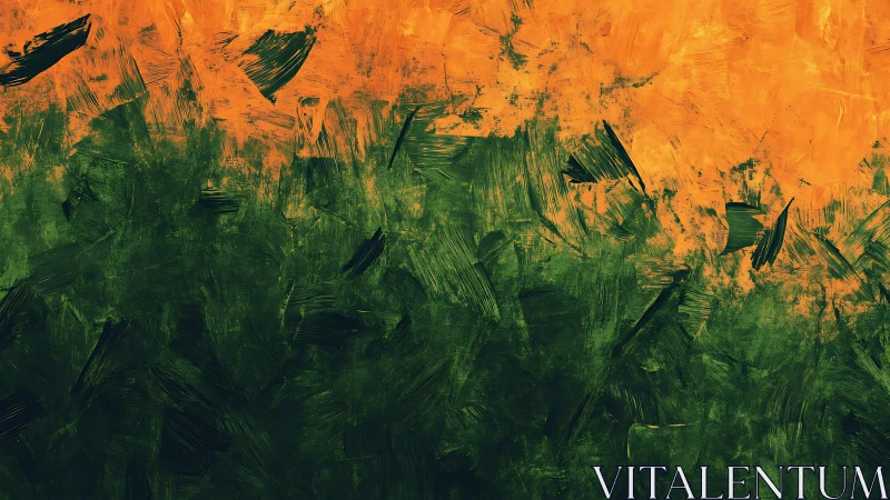 Abstract green and orange textured painting with bold brushstrokes.