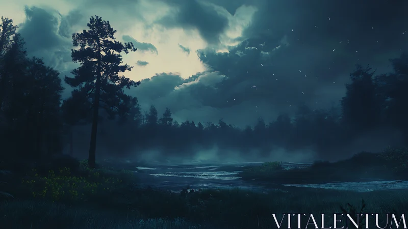 Moonlit mist over a quiet forest river at blue hour.