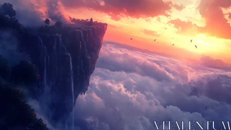 Solitary figure surveys luminous cliff above cloud sea