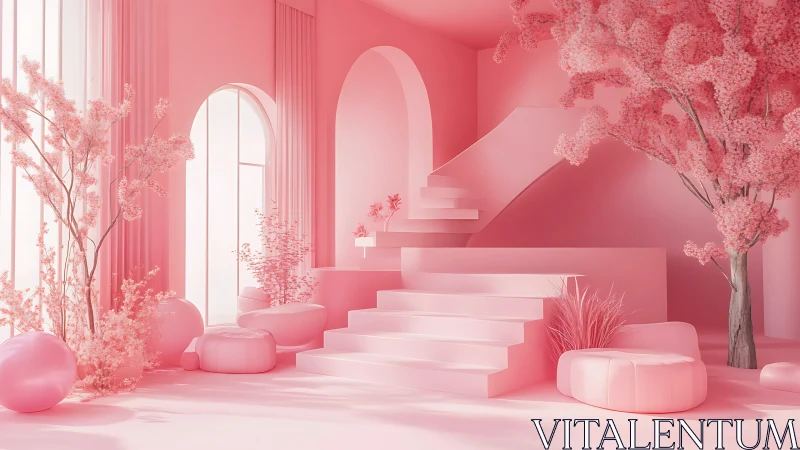 Dreamy pink interior garden invites calm steps and soft light