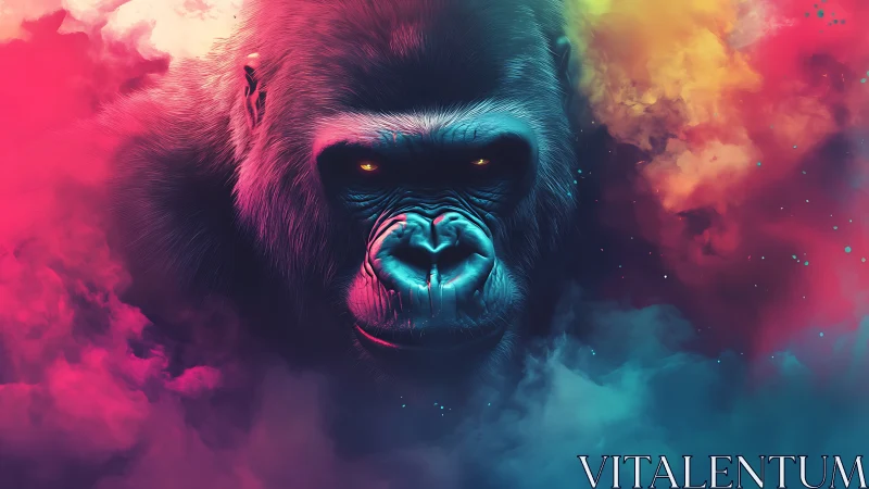 Cosmic gorilla emerges through neon clouds in vivid silence