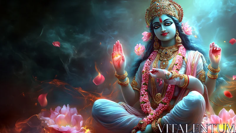 Serene blue goddess rests among glowing lotus blossoms