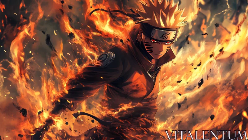 Fiery anime hero strides through swirling embers of power.