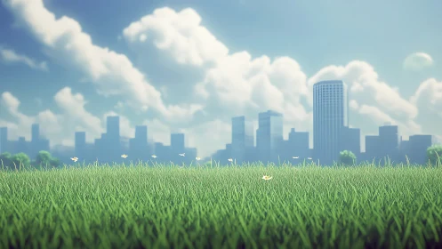 Foreground grass field before distant modern city skyline.