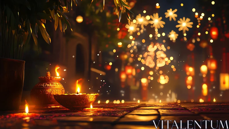 Lantern-lit festival courtyards glowing with sacred ember dreams.