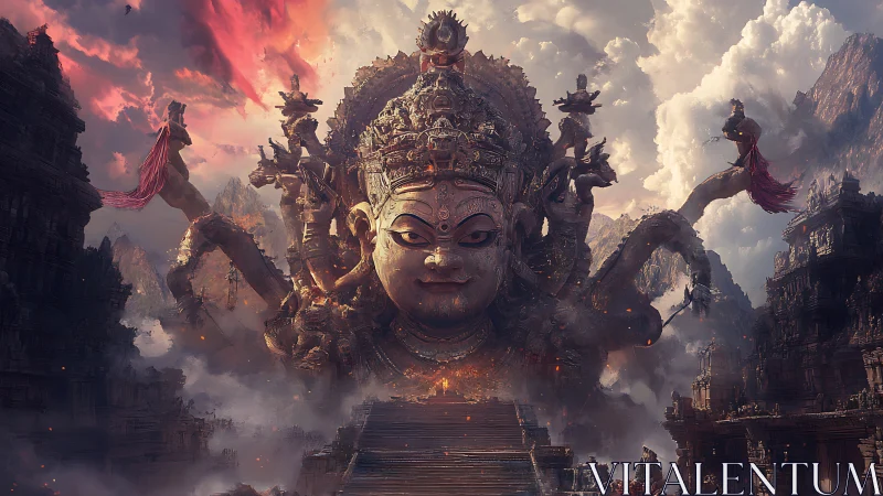 Colossal multi-armed deity dominates a smoky mythic canyon