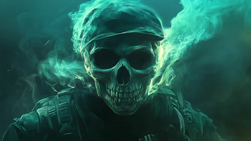 Spectral skull soldier emerges from teal volumetric smoke field