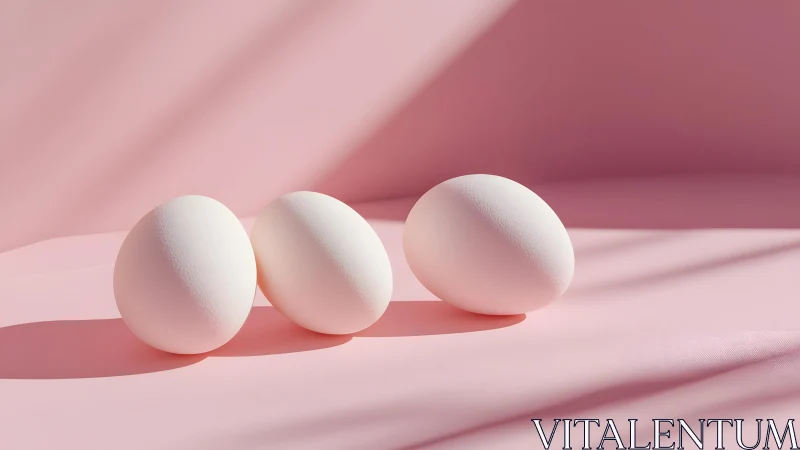 Three white eggs arranged on a pastel pink background.