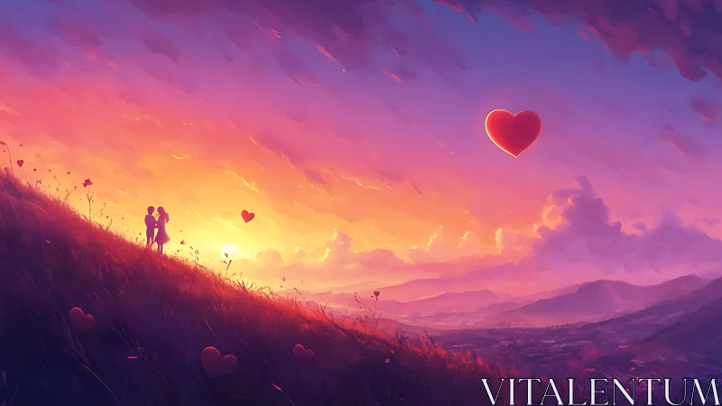 Couple on Hillside at Romantic Sunset with Floating Hearts.