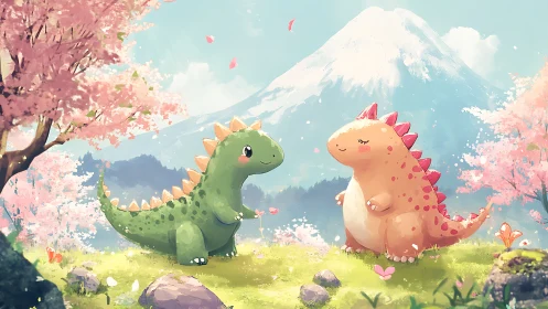 Cartoon dinosaurs stand under cherry blossoms near mountain