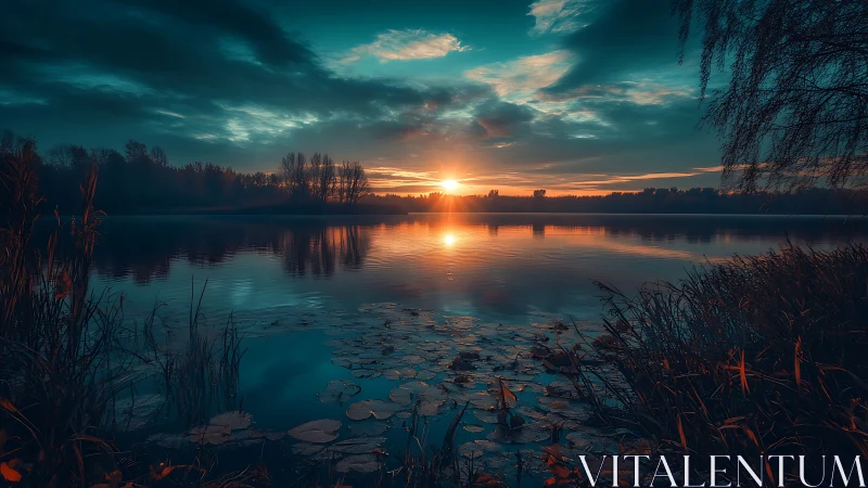 Lake sunset over calm water with glowing teal sky.