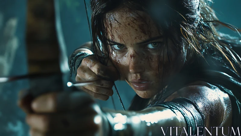 Photorealistic archer close-up with cinematic shallow focus framing.