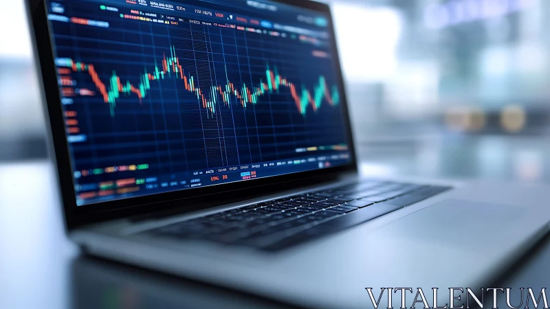 Laptop displaying financial market candlestick chart screen.