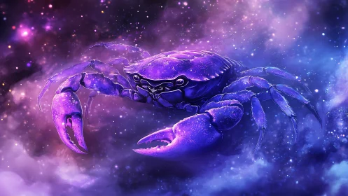 Cosmic purple crab drifting through a dreamy starry nebula.