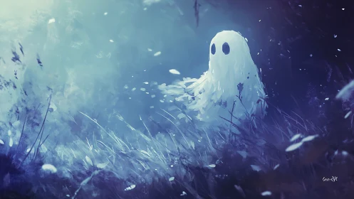 Lonely white ghost figure sitting in a misty twilight field.